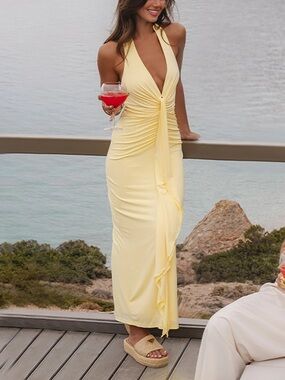 Selfie Leslie Pale Yellow Halter Ruched Maxi Dress
